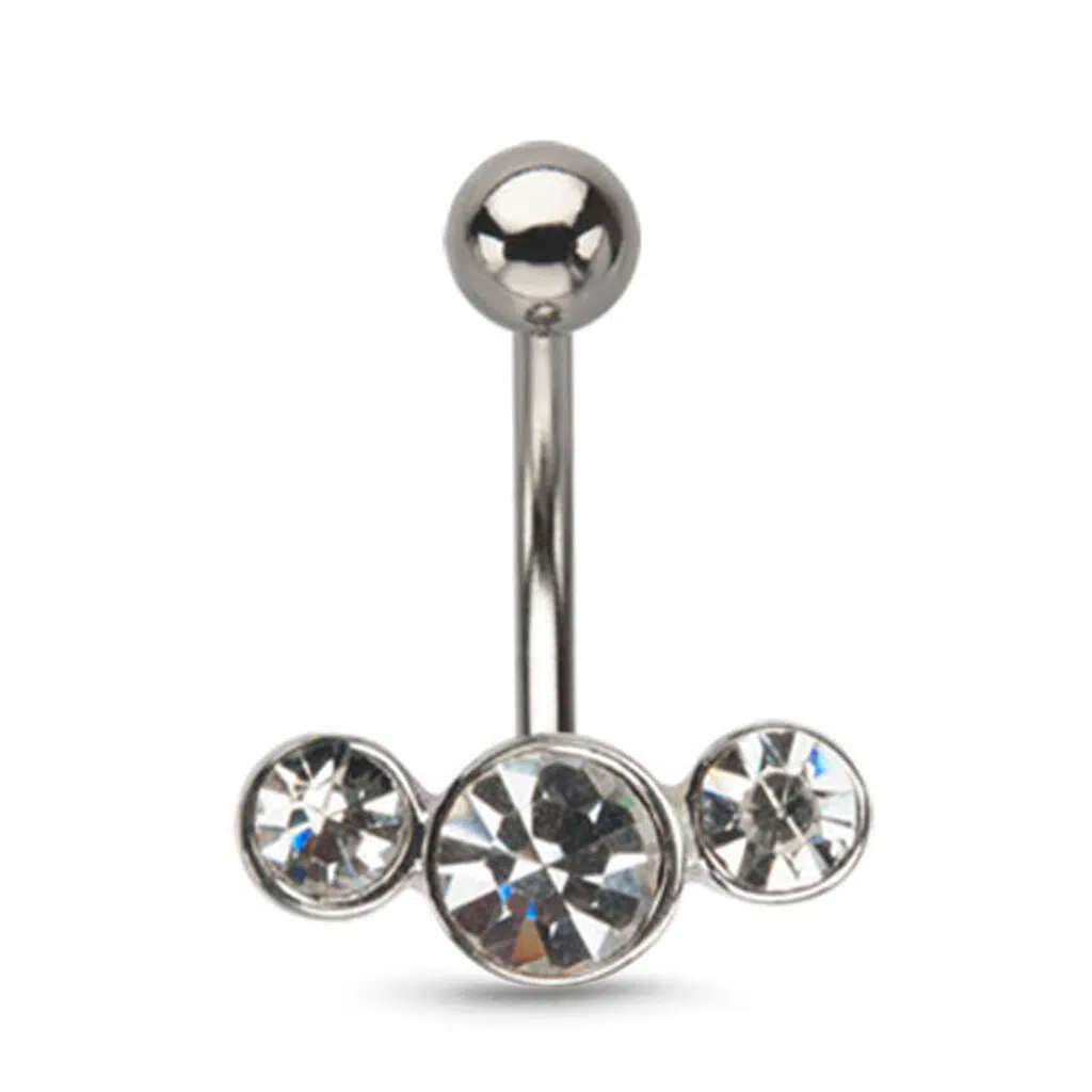 surgical steel navel ring featuring a three Stone design with Clear stones