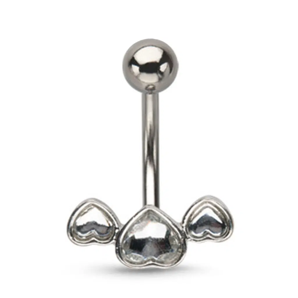 surgical steel navel ring featuring a three Heart design with Clear stones