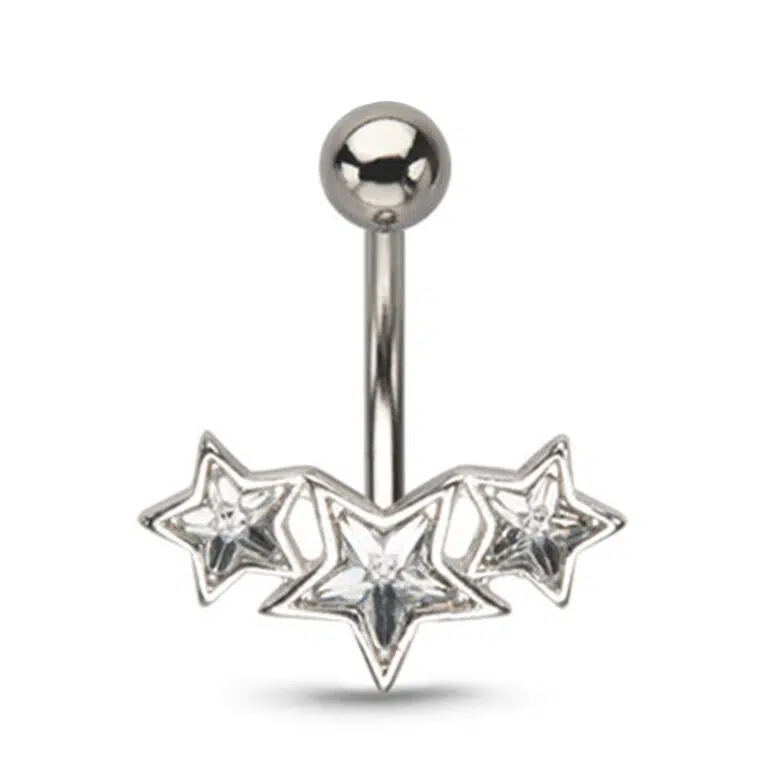 surgical steel navel ring featuring a Three Star design with Clear stones