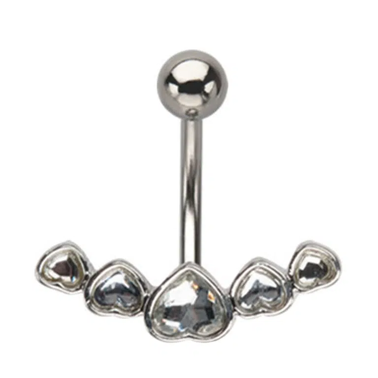 surgical steel navel ring featuring a Five Heart design with Clear stones