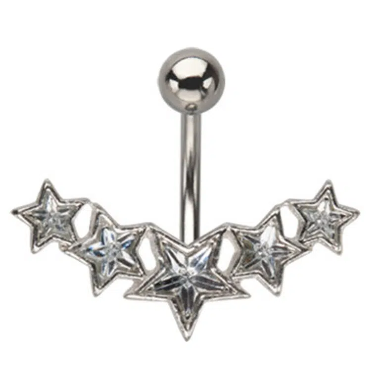 surgical steel navel ring featuring a Five Star design with Clear stones