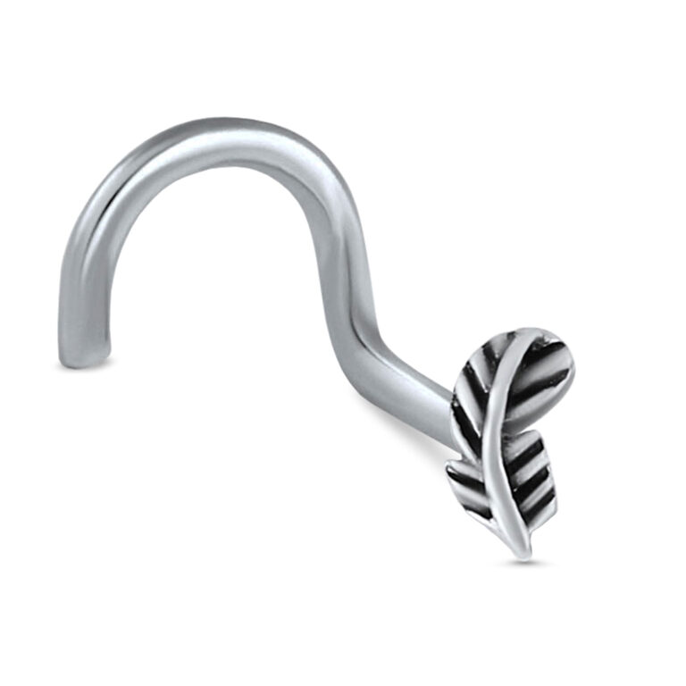 surgical steel right nostril screw nose stud featuring a feather design