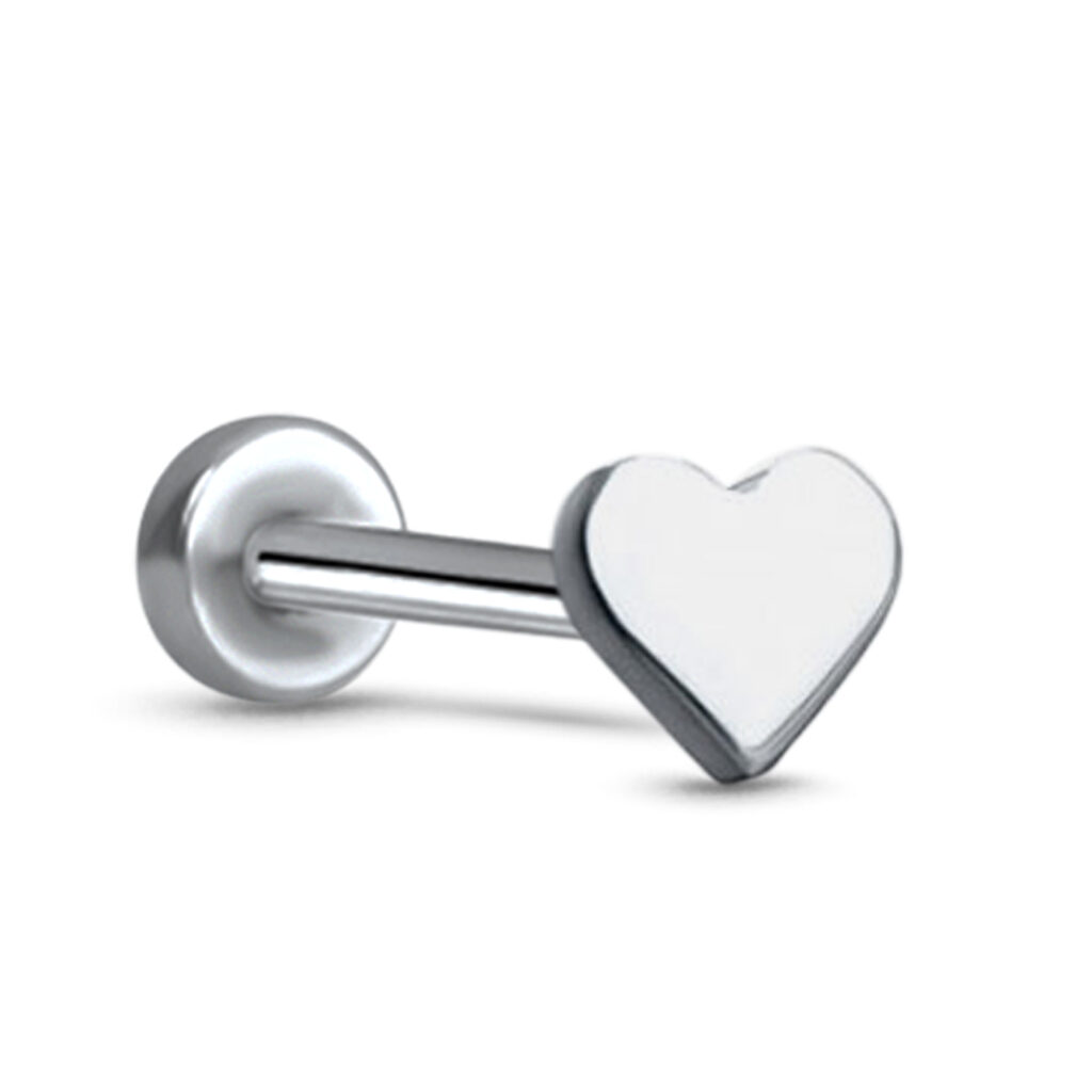 Steel colored titanium push pin style labret stud featuring a Heart design