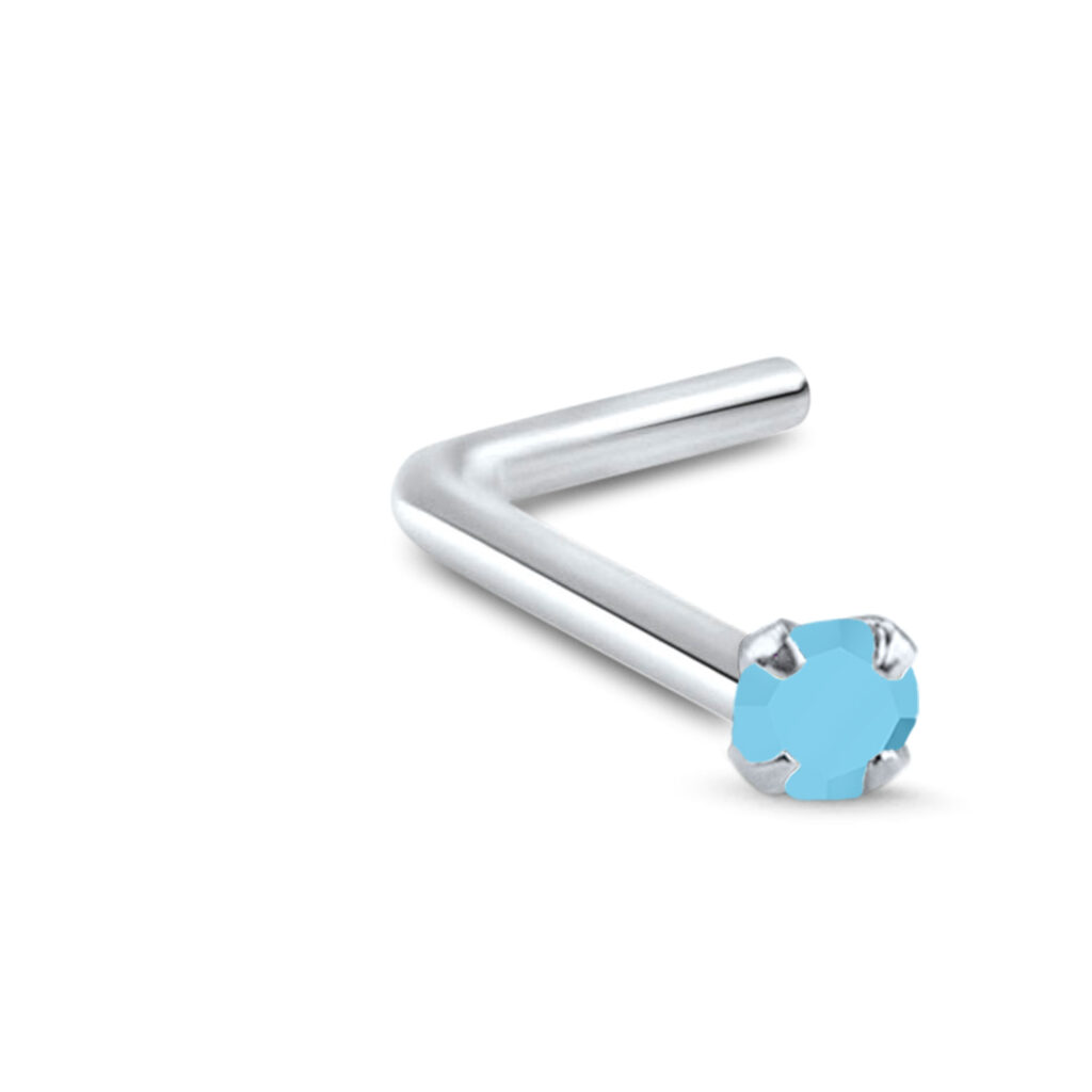 white gold/sterling silver lbend nose stud featuring a 2mm genuine turquoise prong set stone