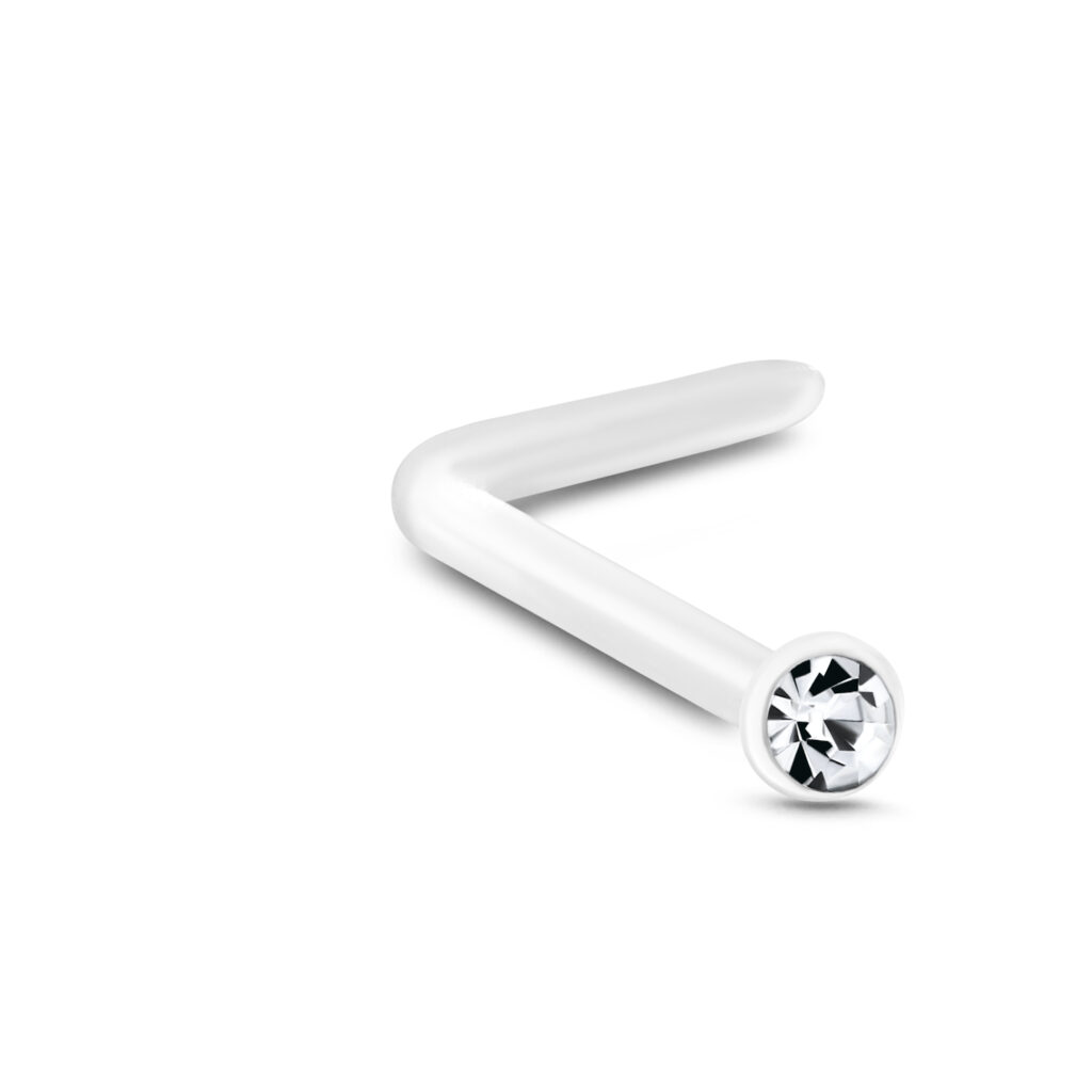 acrylic lbend nose stud featuring a 1.5mm clear round stone