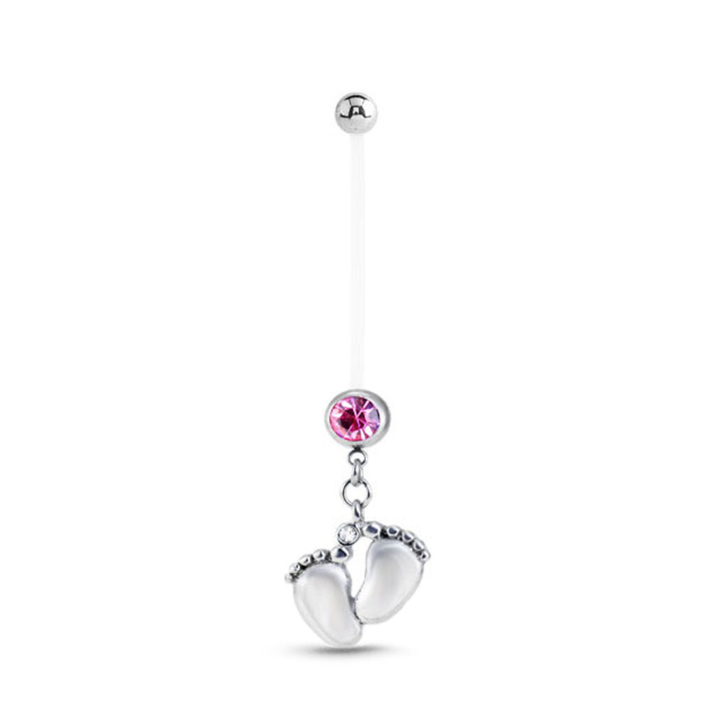 bioflex maternity navel belly ring with an baby feet design and a pink stone