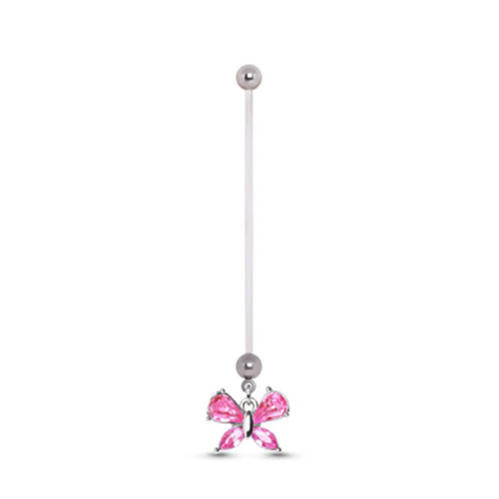 Bioflex Maternity navel belly button ring with an Pink Butterfly design