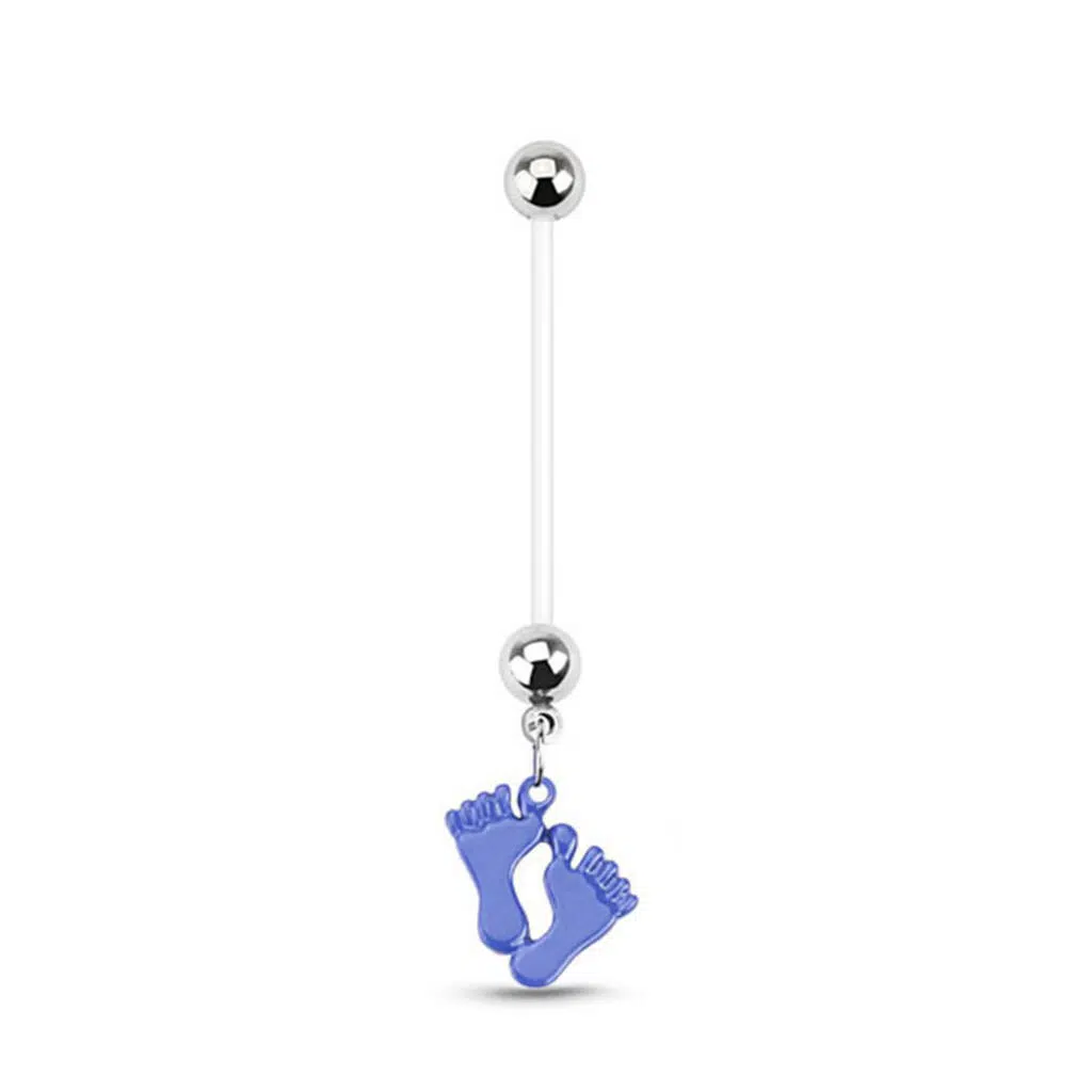 Bioflex Maternity navel belly button ring with an Blue Feet design