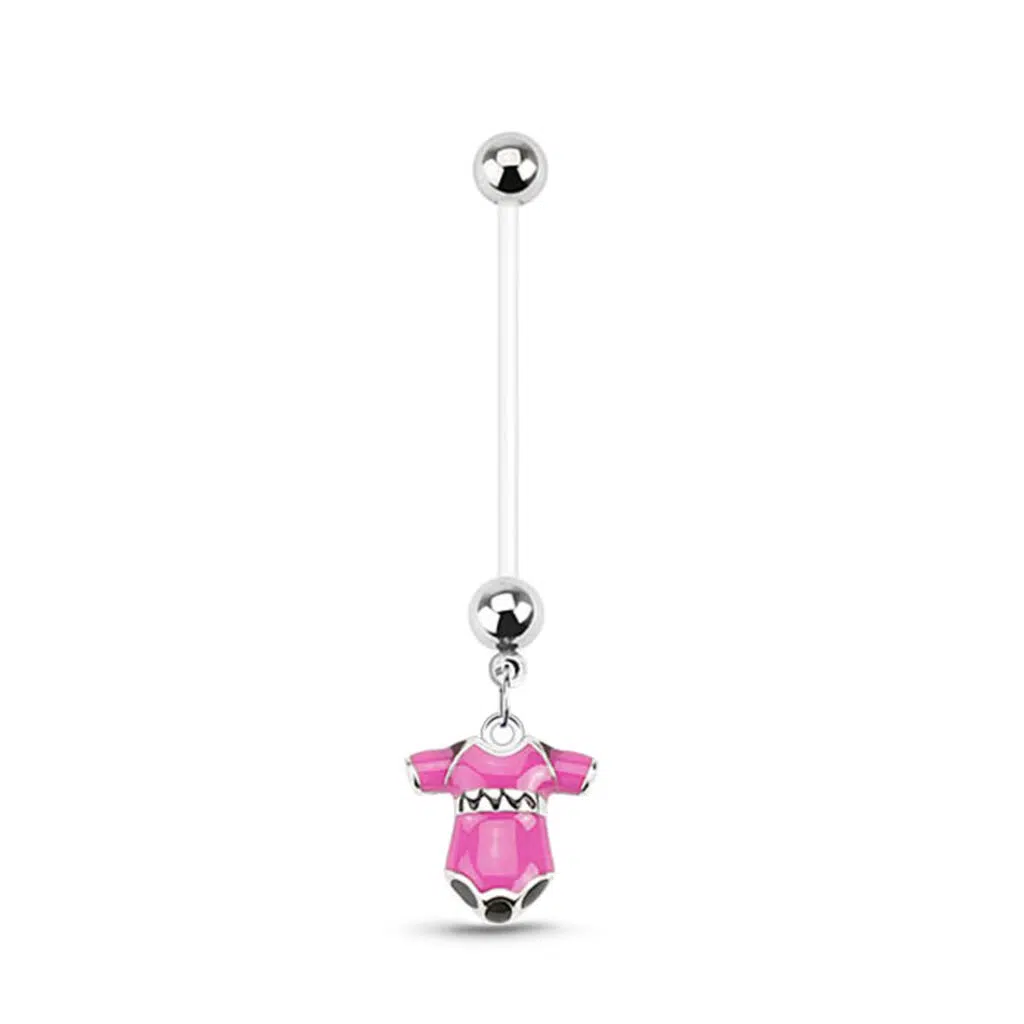 Bioflex Maternity navel belly button ring with a pink dress design