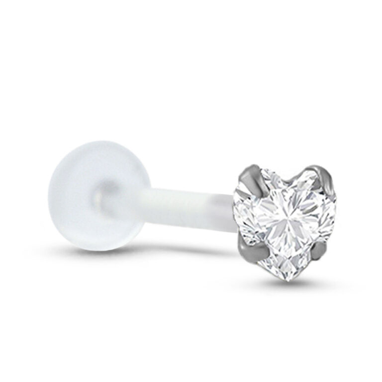 bioflex push pin labret stud featuring a surgical steel prong set clear heart design