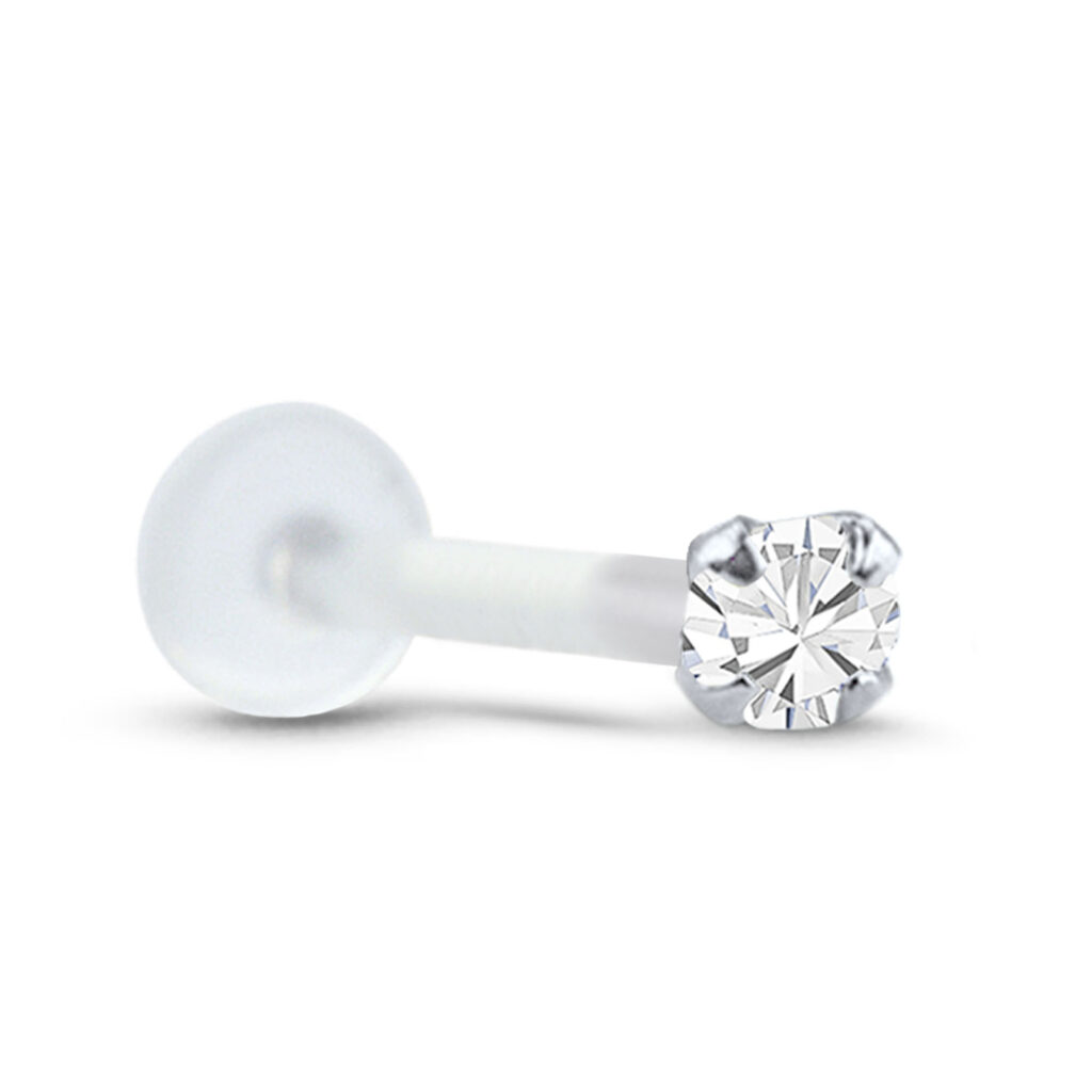 bioflex push pin labret stud featuring a sterling silver 2mm round prong set clear cz stone