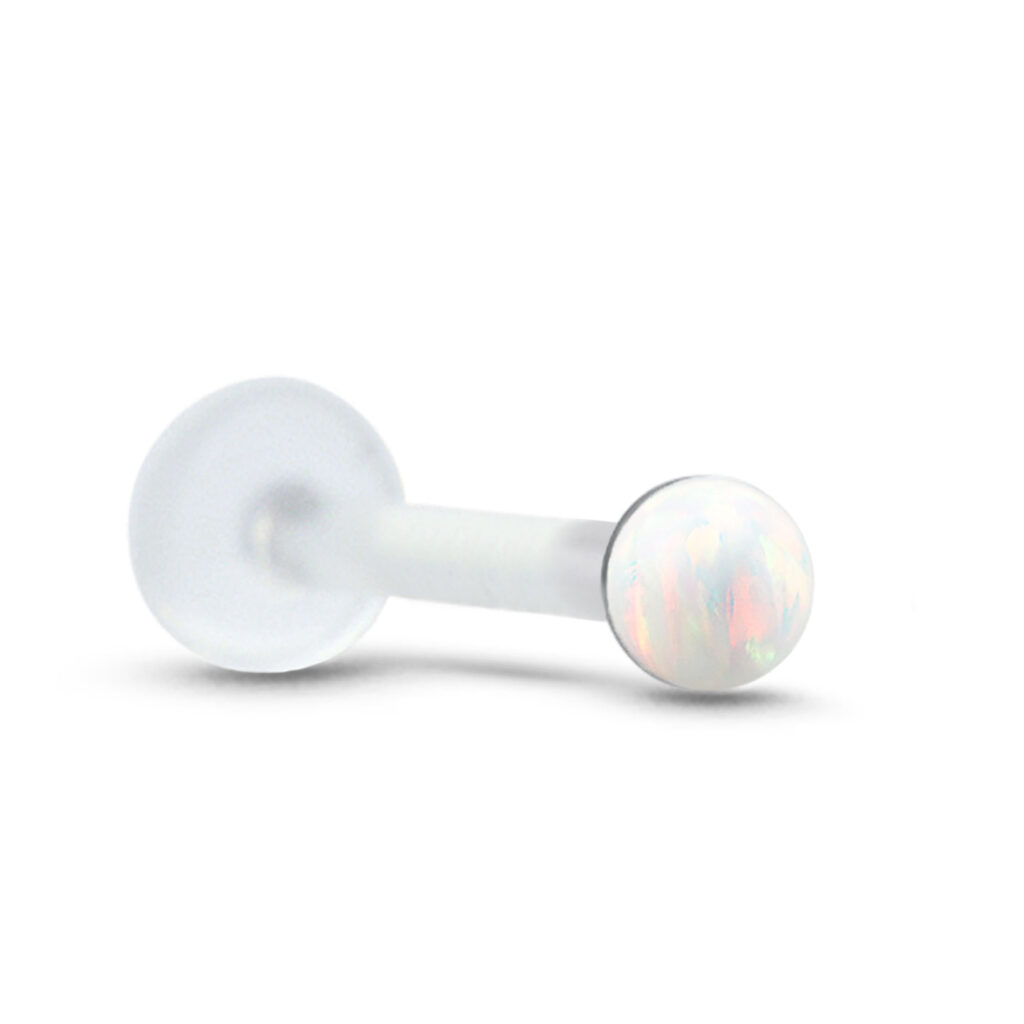 bioflex push pin labret stud featuring a sterling silver glued set 2mm dome faux white opal stone