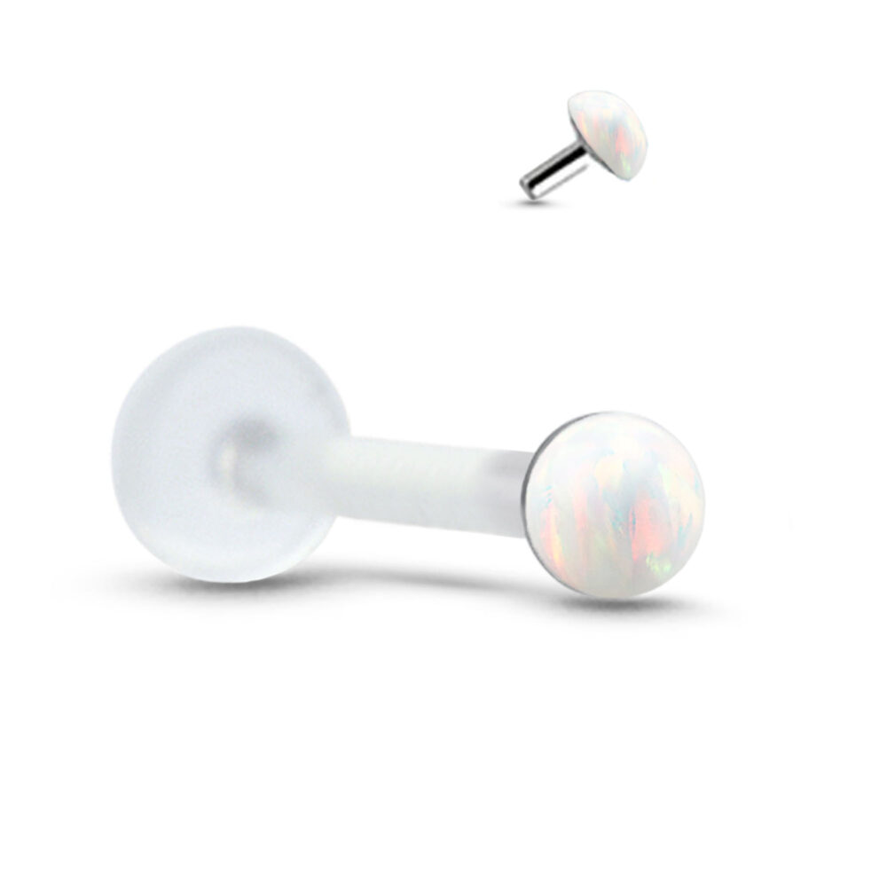 bioflex labret stud featuring a sterling silver glued set 2.5mm dome faux opal stone. Image also shows the side view of the design