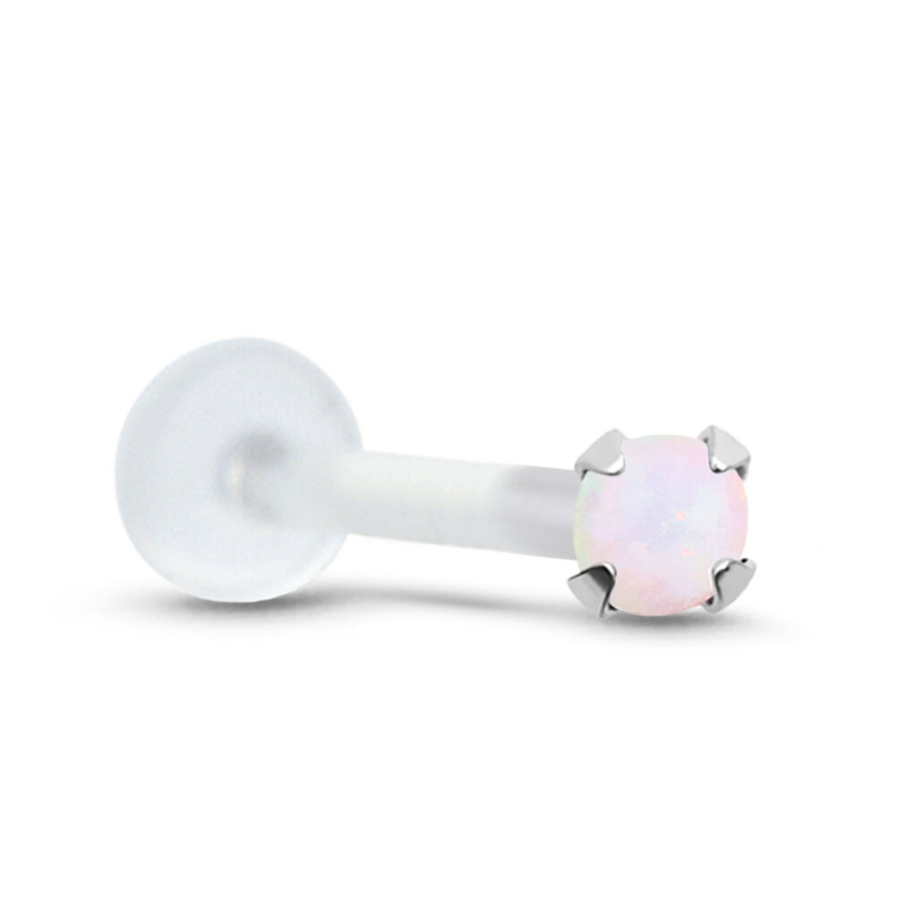 bioflex push pin labret stud featuring a sterling silver 2mm prong set faux white opal stone