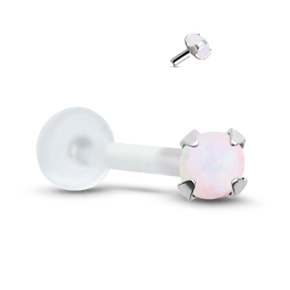 bioflex labret stud featuring a sterling silver prong set faux opal stone. Image also shows the side view of the design