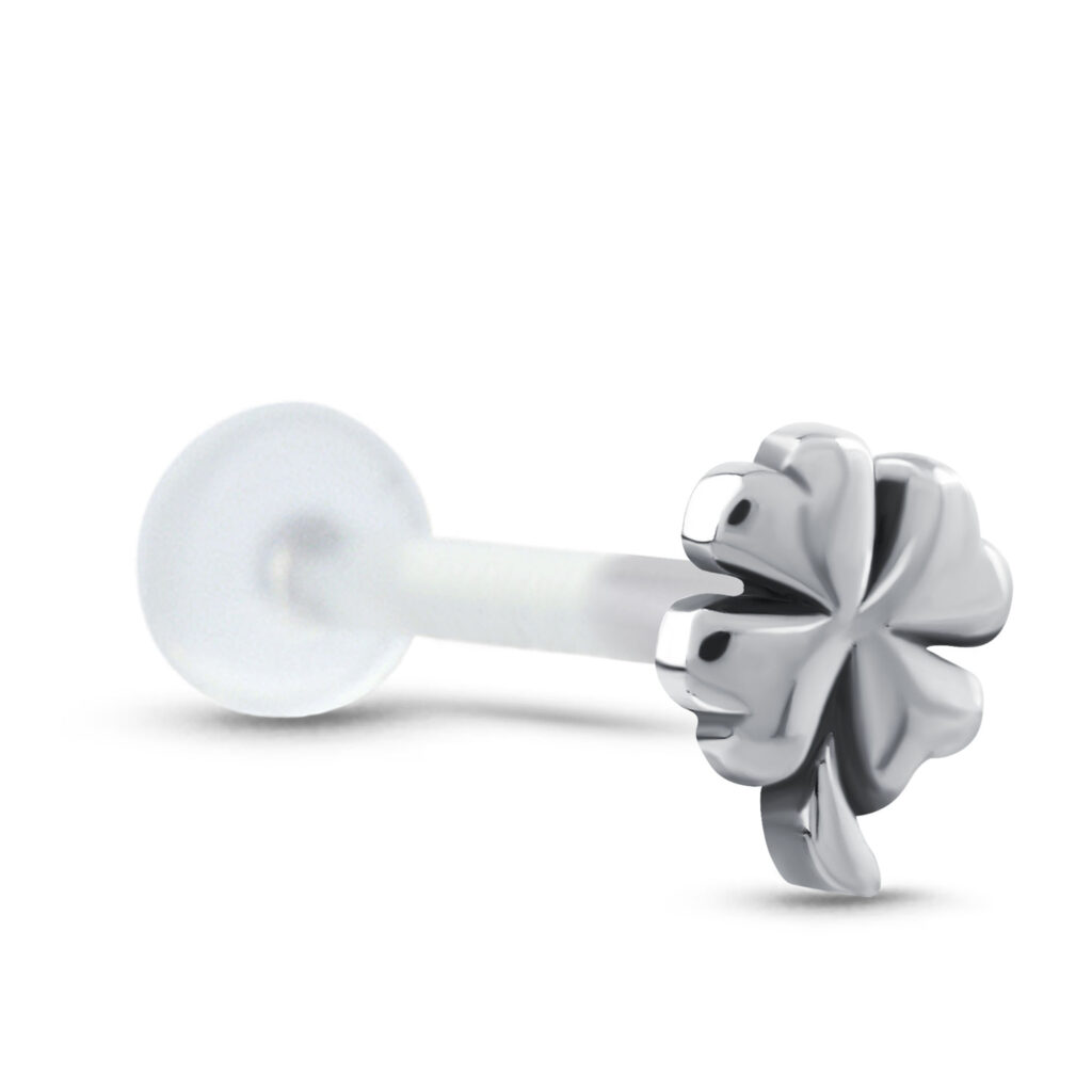 bioflex push pin labret stud featuring a large surgical steel clover design