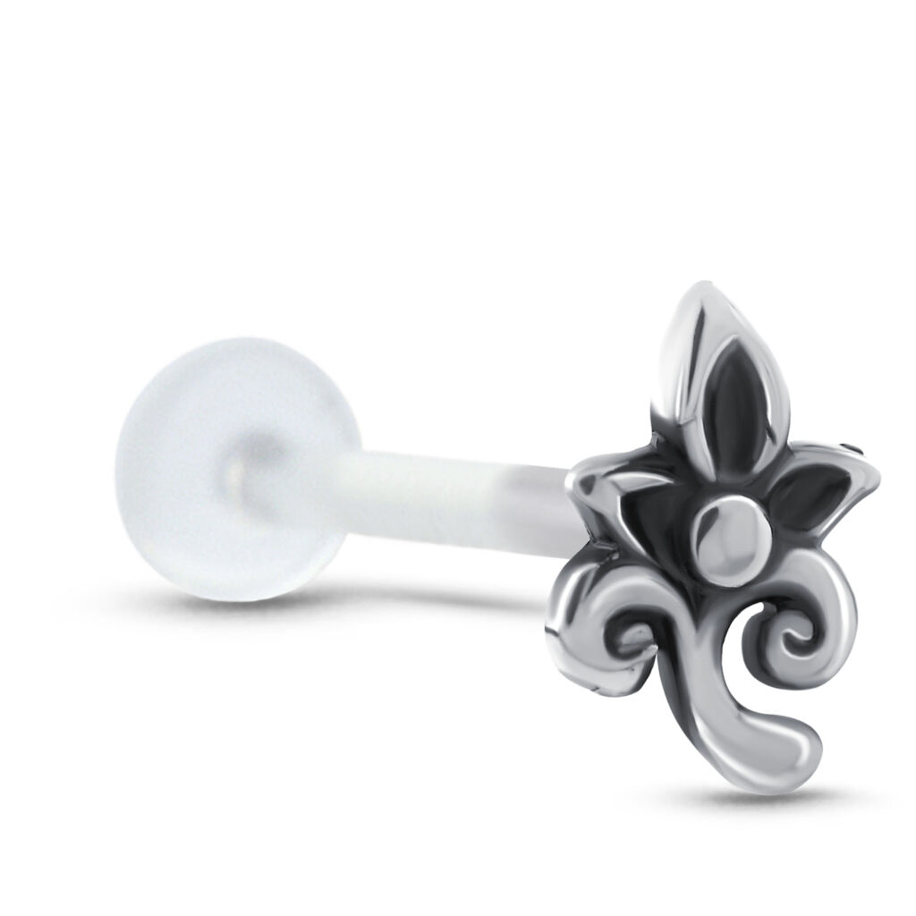 bioflex push pin labret stud featuring a large surgical steel flower design