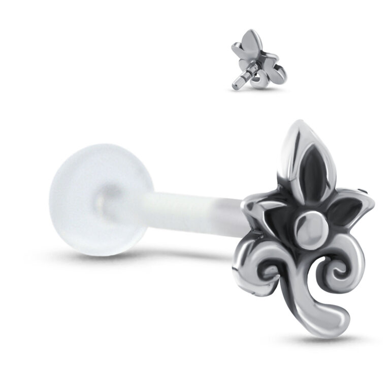 bioflex labret stud featuring a large surgical steel flower design. Image also shows the back view of the design