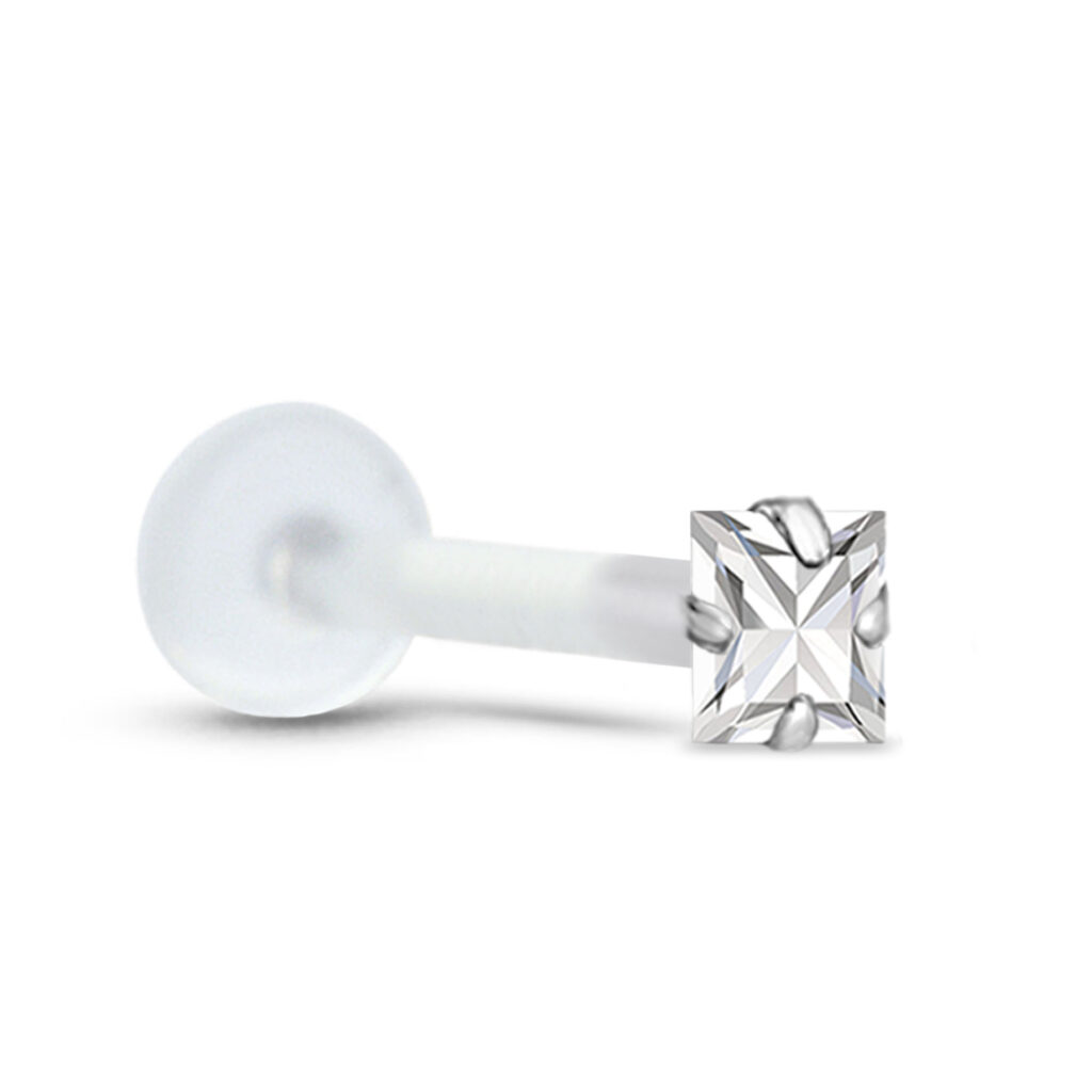 bioflex push pin labret stud featuring a surgical steel 2mm prong set clear cz square stone