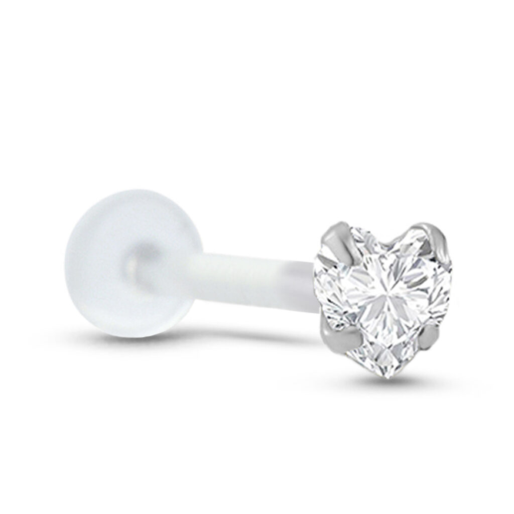 bioflex push pin labret stud featuring a sterling silver prong set clear heart design