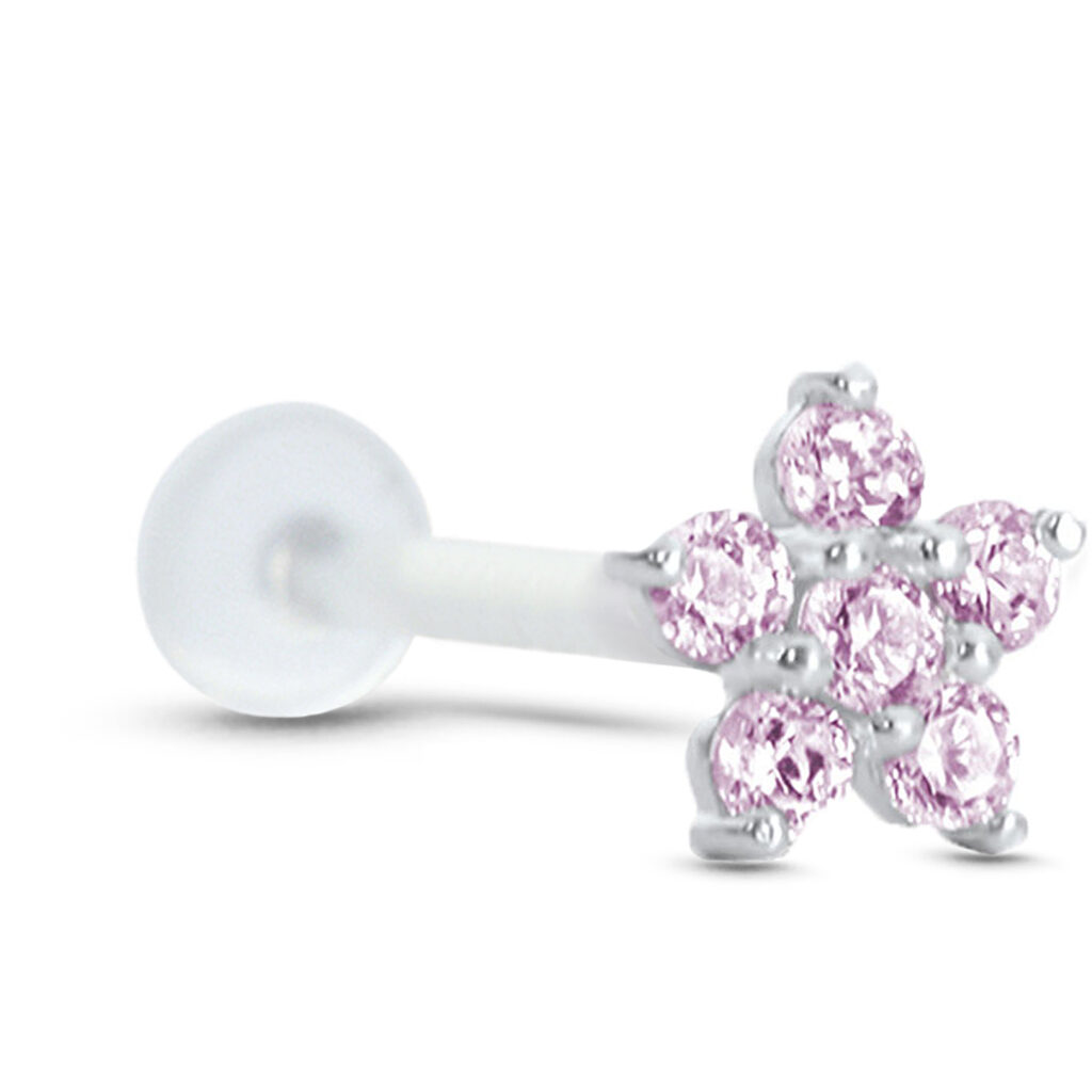 bioflex push pin labret stud featuring a large sterling silver pink cz flower design