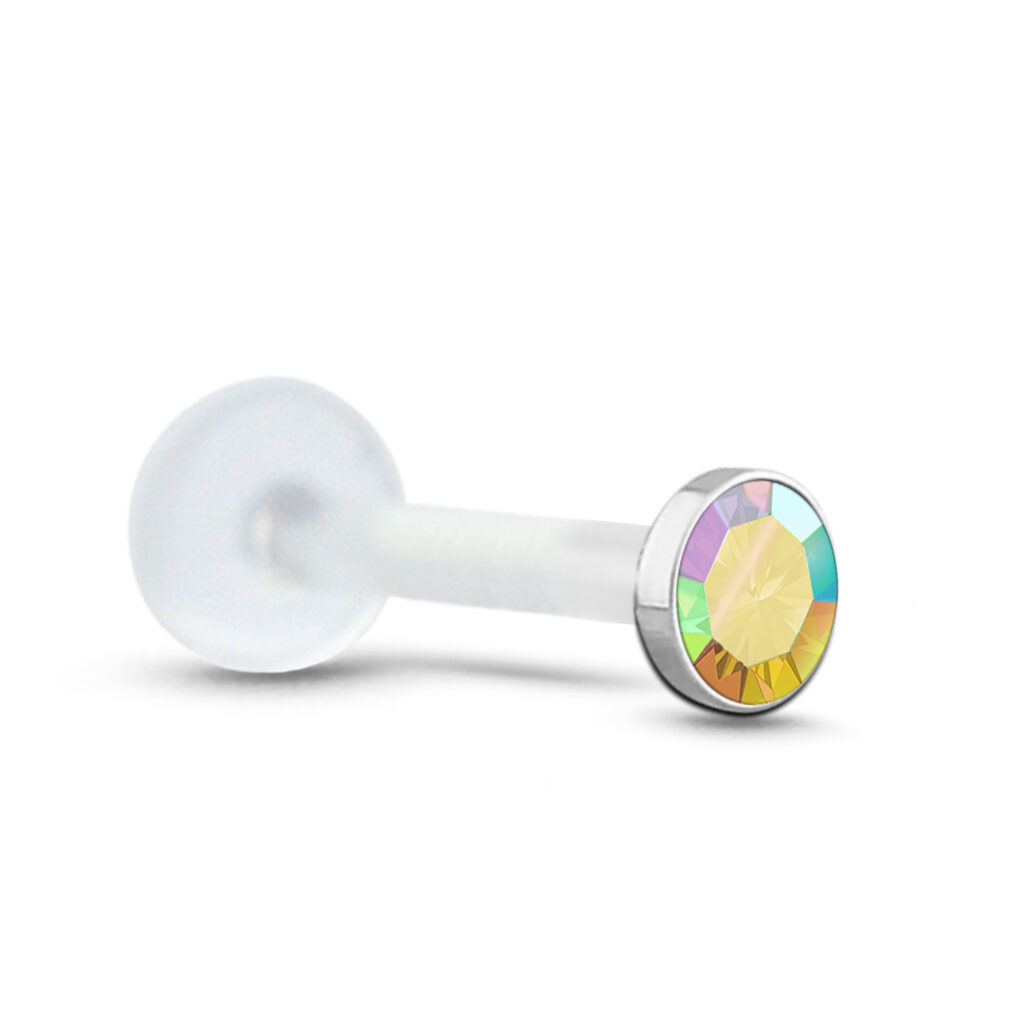 bioflex push pin labret stud featuring a 2mm surgical steel aurora bezel design