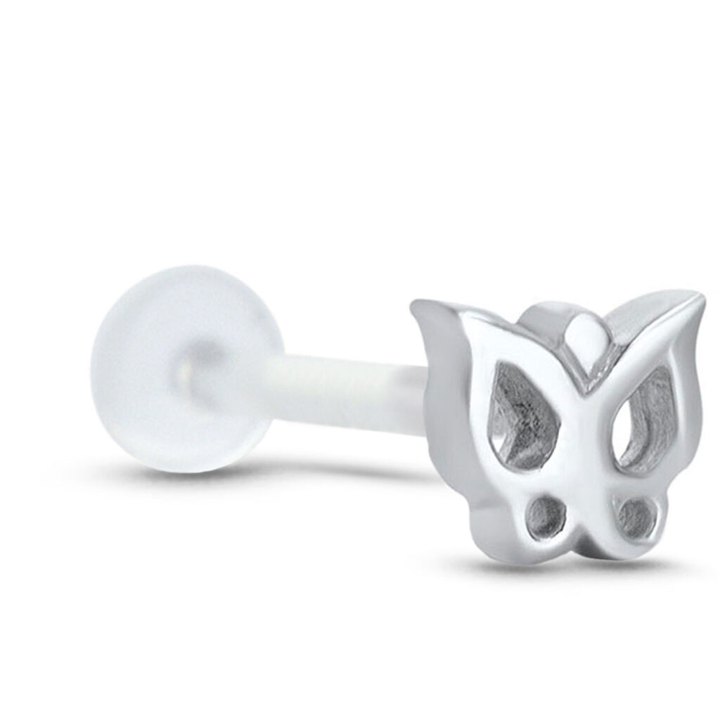 bioflex push pin labret stud featuring a large surgical steel butterfly design