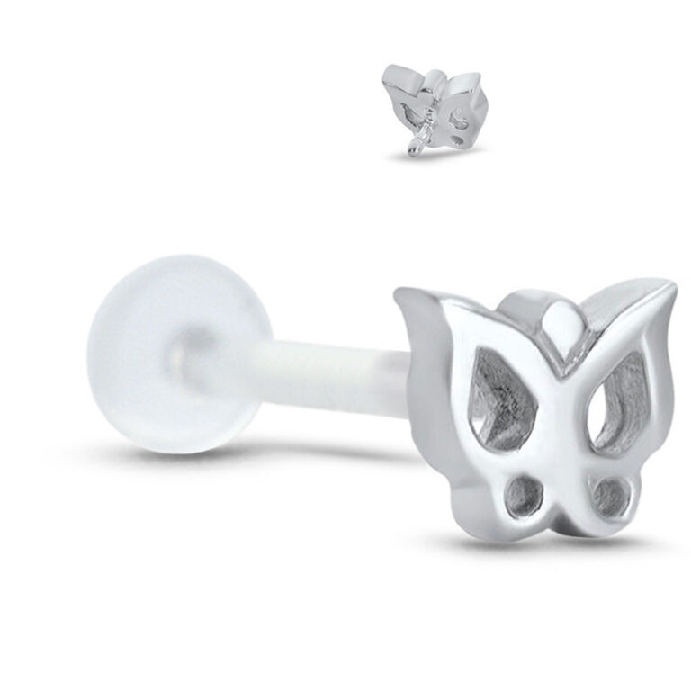 bioflex labret stud featuring a surgical steel butterfly design. Image also shows the back view of the design