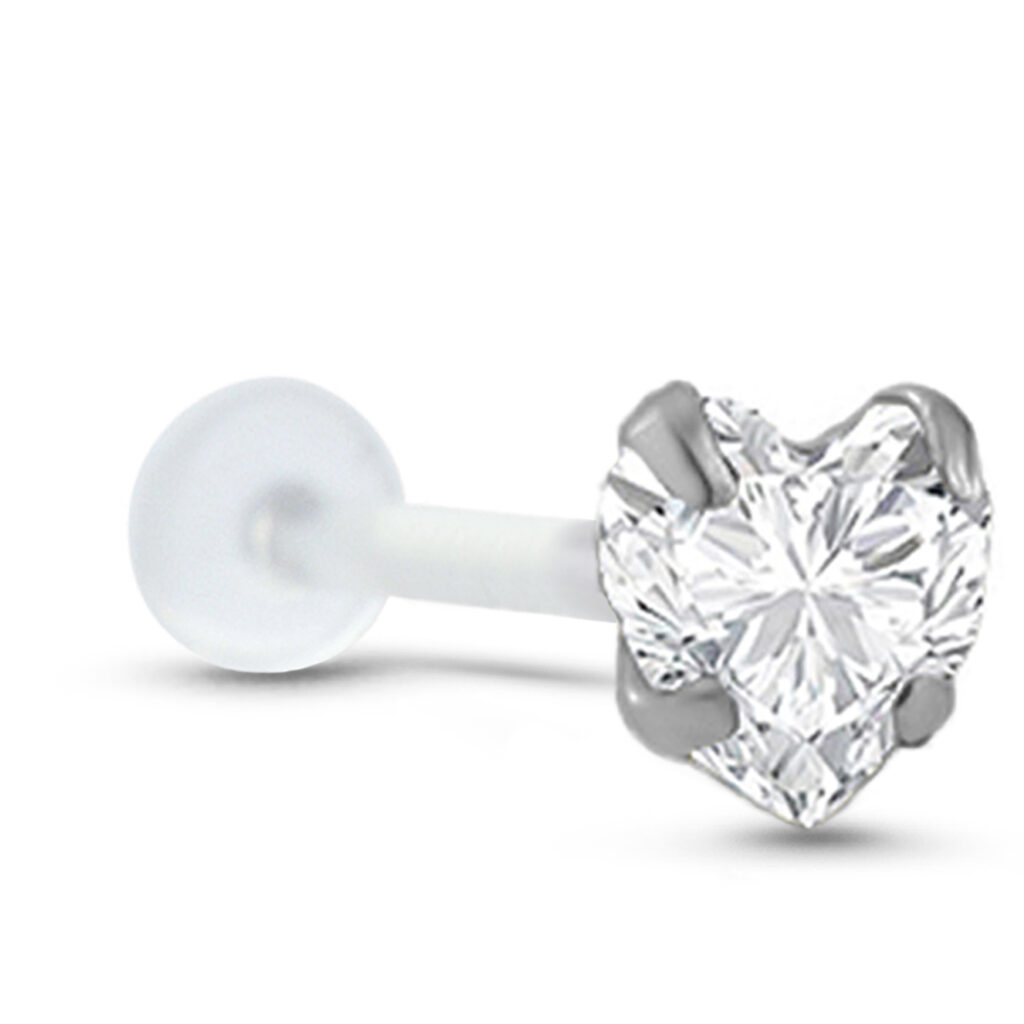 bioflex push pin labret stud featuring a large surgical steel prong set clear heart design