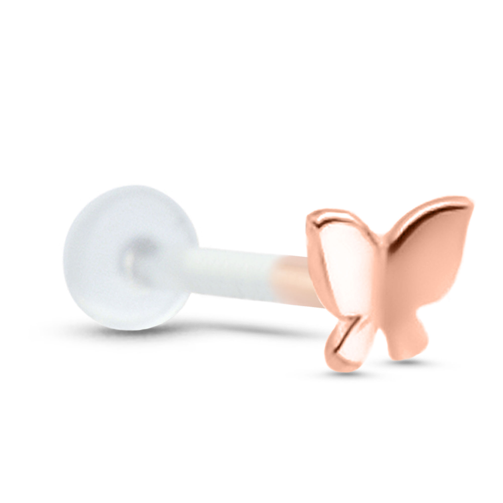 Butterfly Labret Stud Push Pin Nose Screw 14K White, Yellow, Rose Gold Bioflex