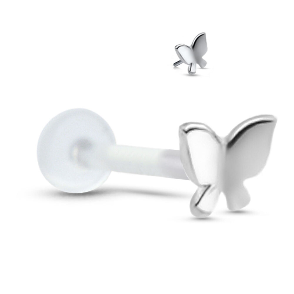 Butterfly Labret Stud Push Pin Nose Screw 14K White, Yellow, Rose Gold Bioflex - Image 2