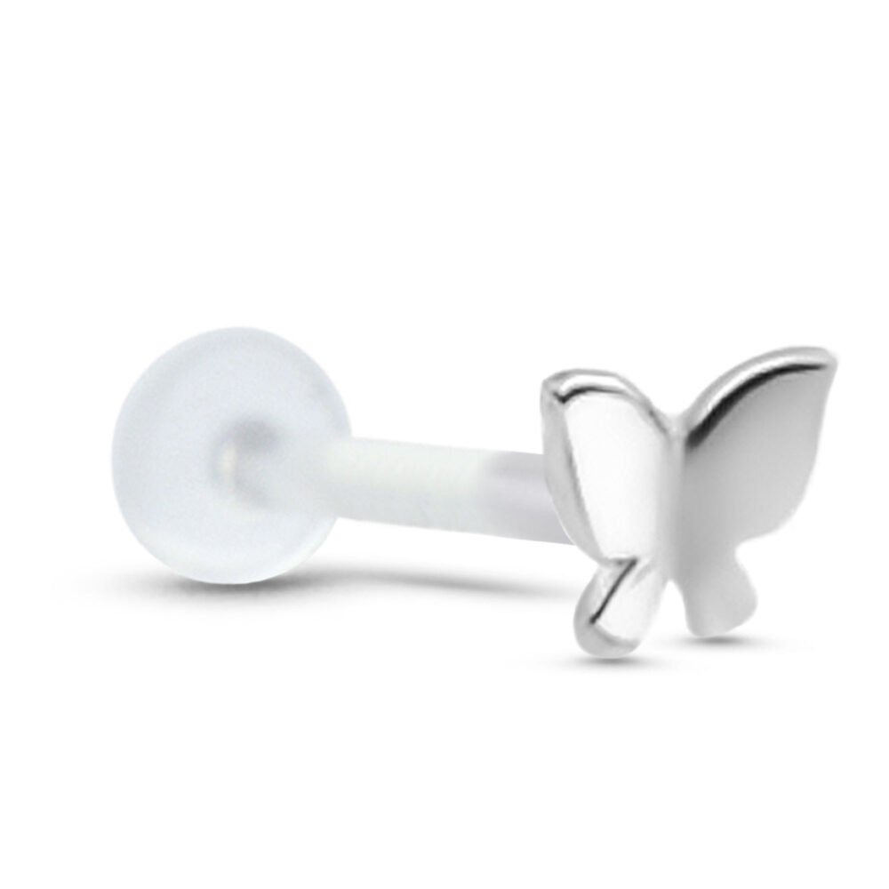 Butterfly Labret Stud Push Pin Nose Screw 14K White, Yellow, Rose Gold Bioflex