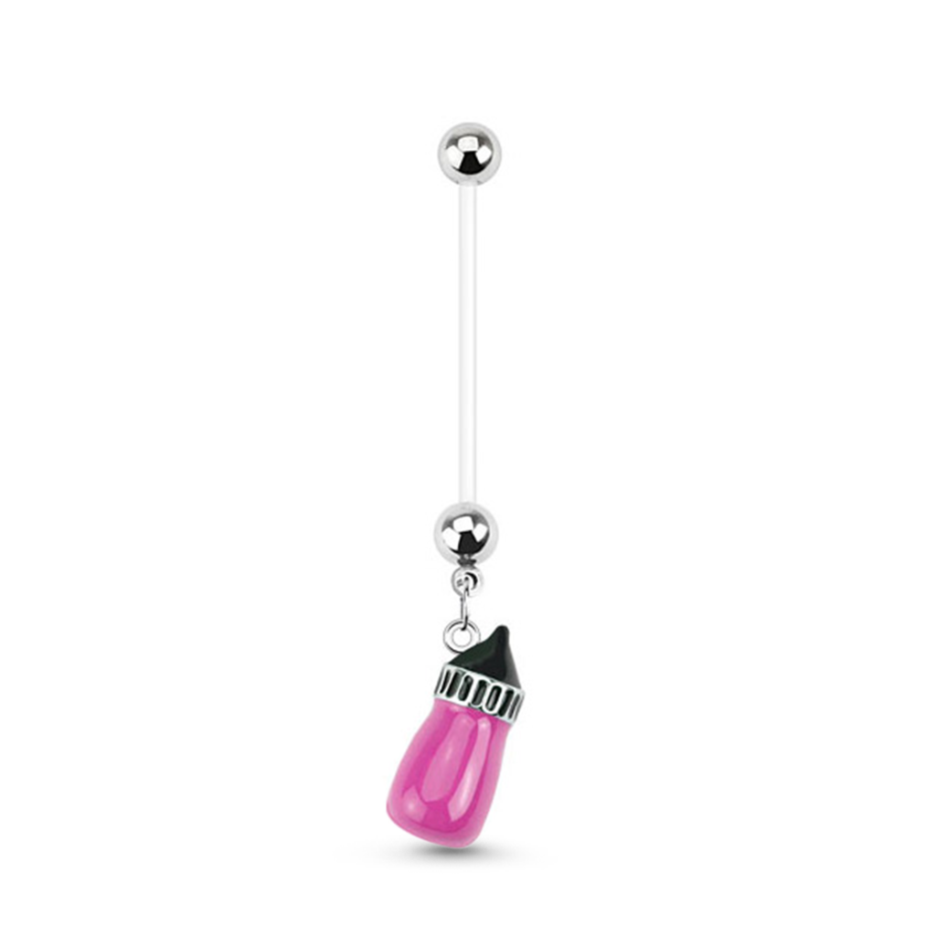 bioflex maternity navel belly ring with a pink baby bottle design