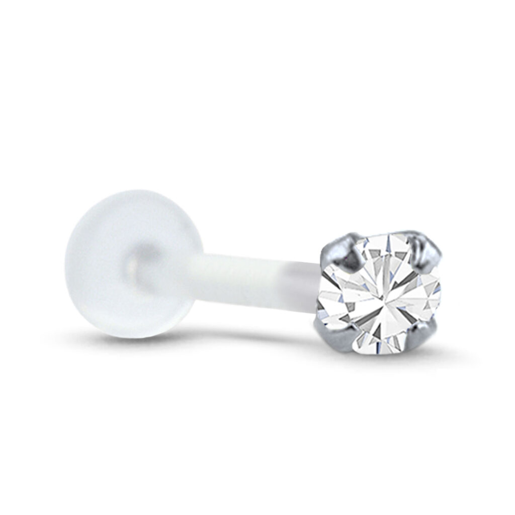 bioflex push pin labret stud featuring a surgical steel prong set, 2mm clear stone