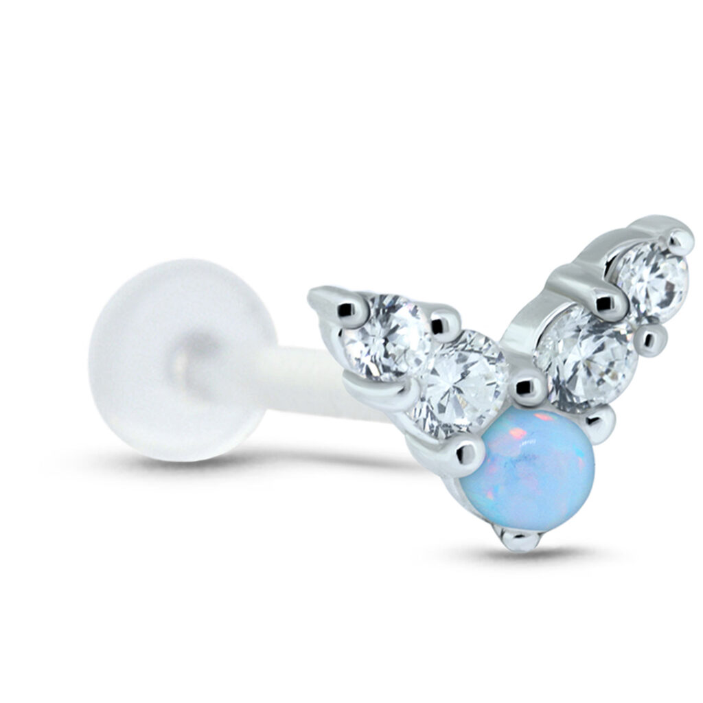 bioflex ear cartilage labret stud featuring a sterling silver butterfly design insert with clear stones and a faux blue opal stone