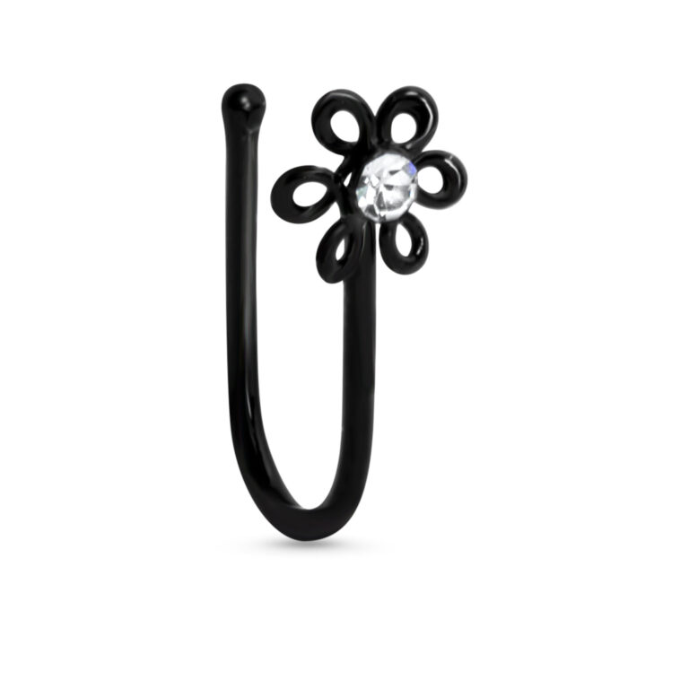 black plated sterling silver fake nose hugger hoop featuring a flower design with clear center stone