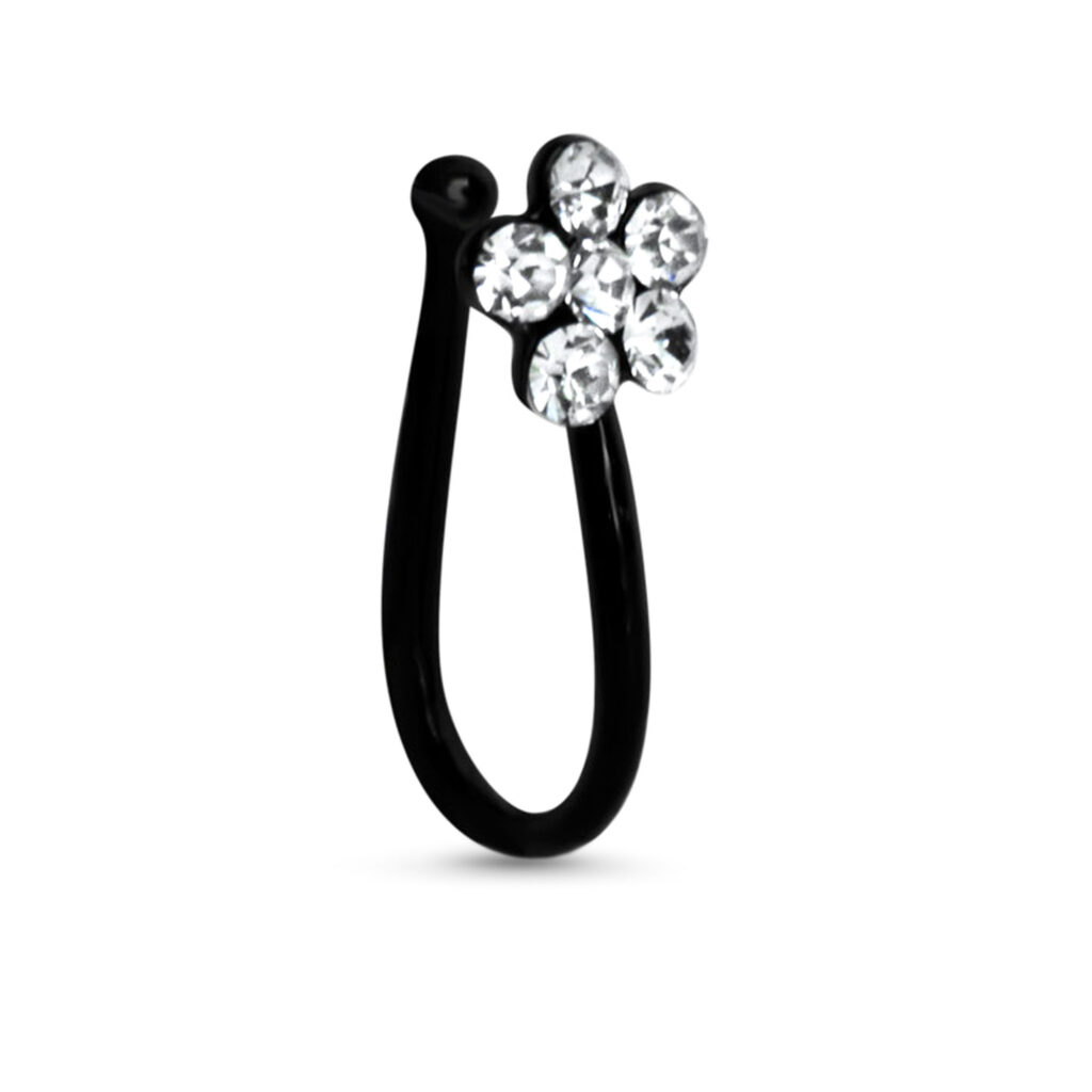 black plated sterling silver fake nose hugger featuring a flower design with clear stones