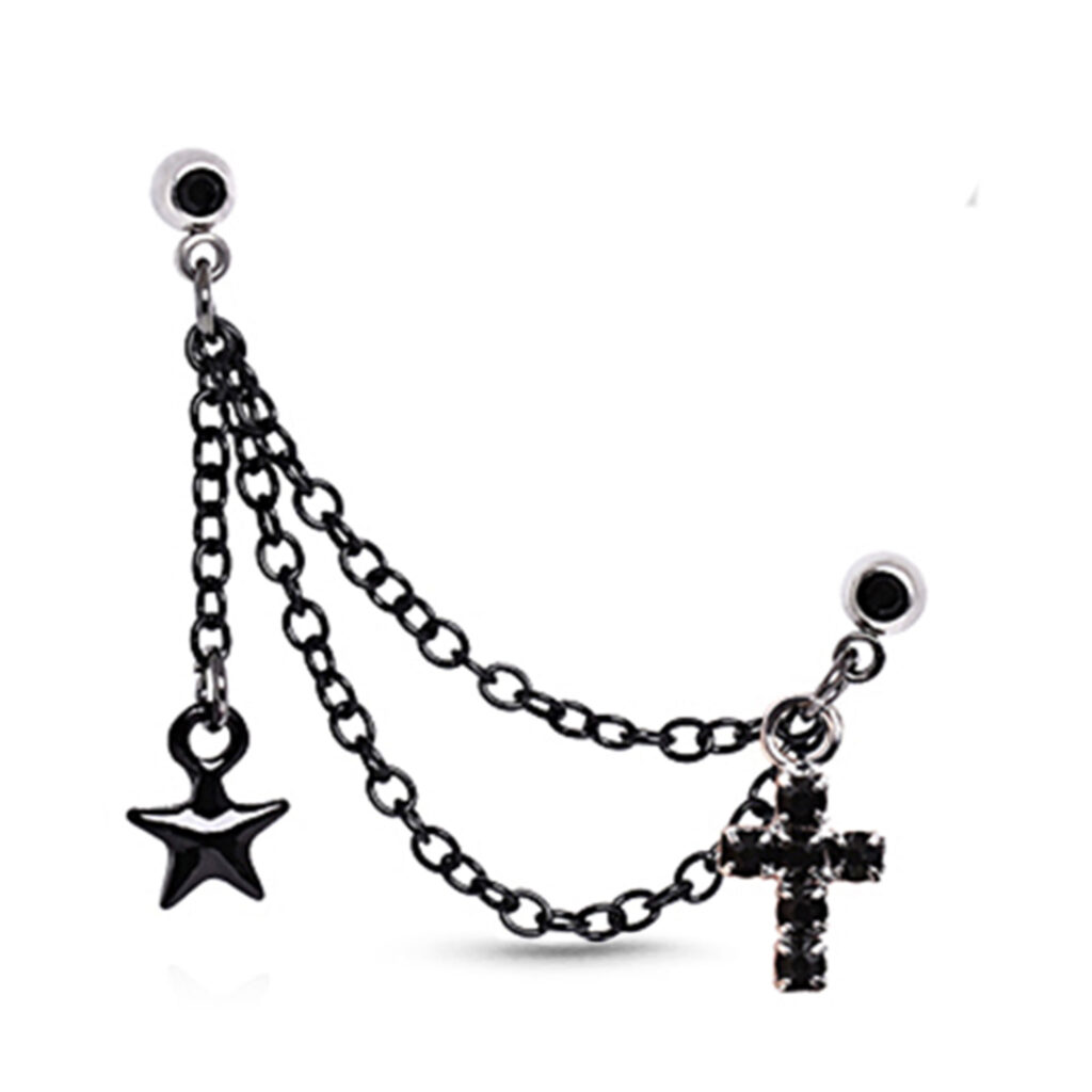 black surgical steel earring cartilage stud featuring a chain that connects the 2 piercings adorned by a star and cross design