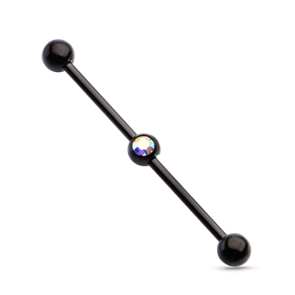 Aurora CZ Ear Cartilage Industrial Scaffold Barbell Black 316L Surgical Steel 14G