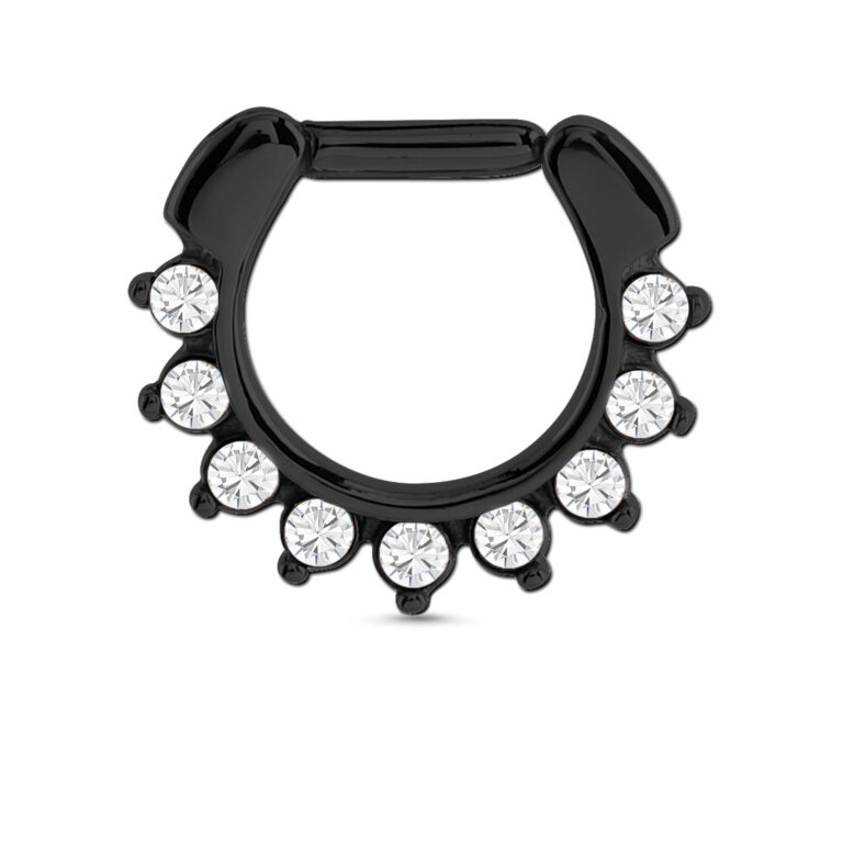 black colored surgical steel hinged septum clicker with 9 clear stones