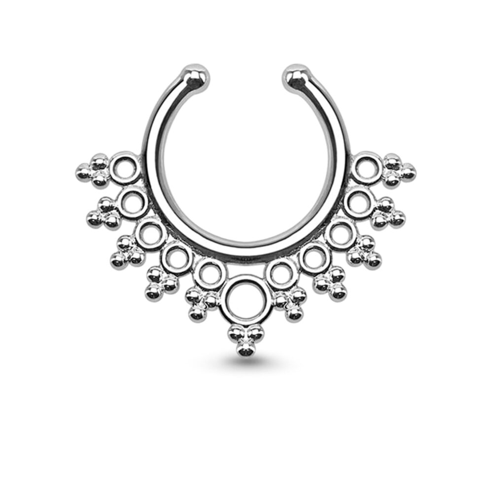 brass with rhodium plated fake nose hoop featuring a beaded design