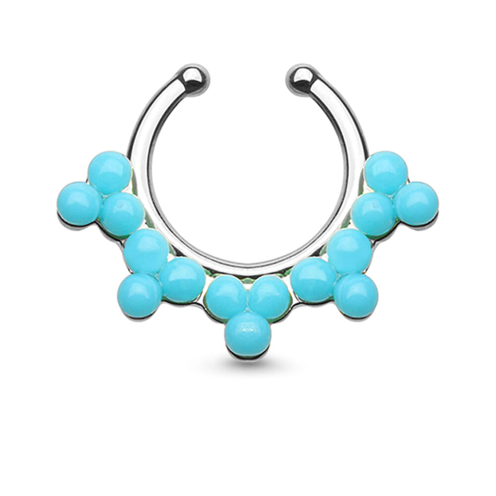 silver colored fake septum hoop with turquoise beads