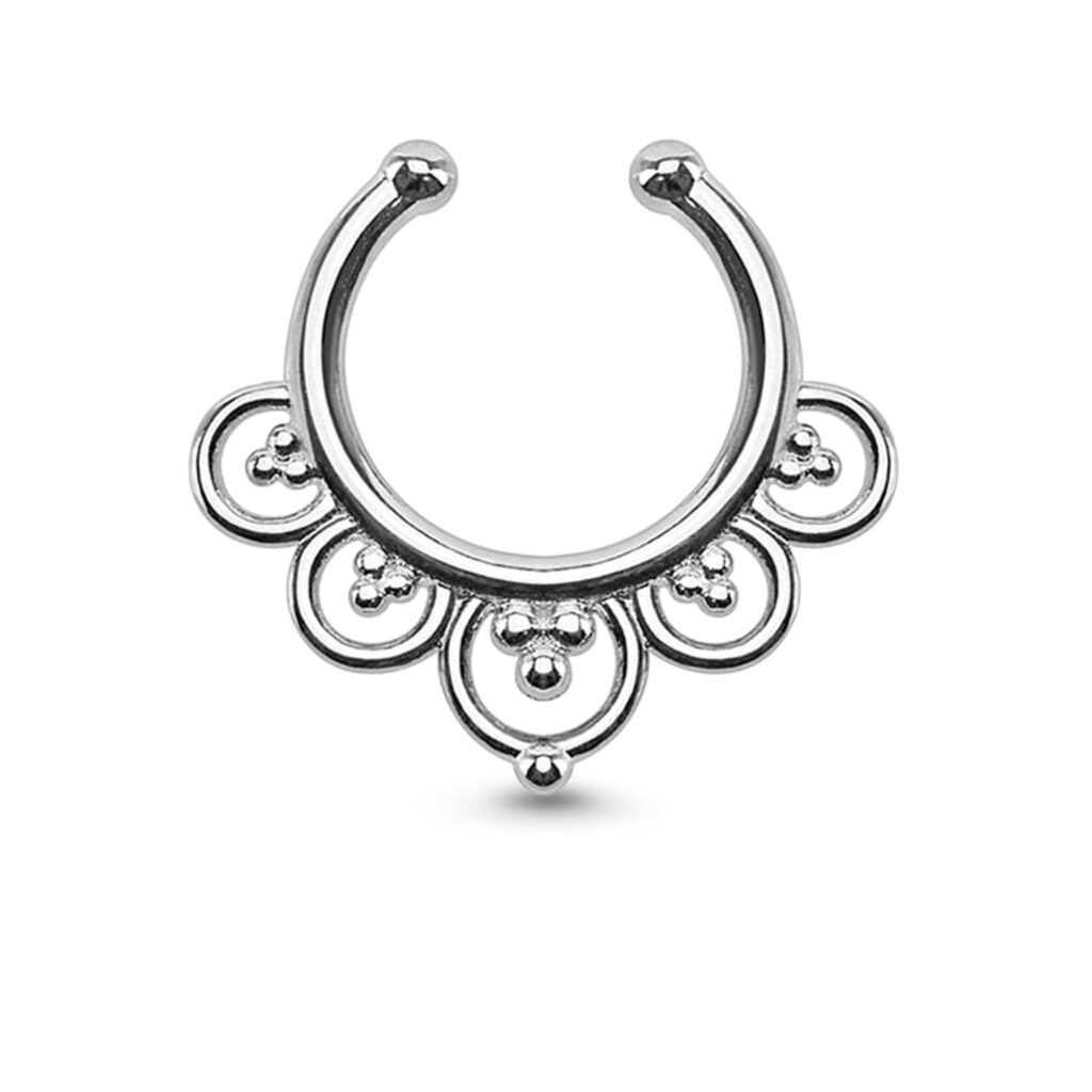 brass with rhodium plated fake nose hoop featuring a flower petal design