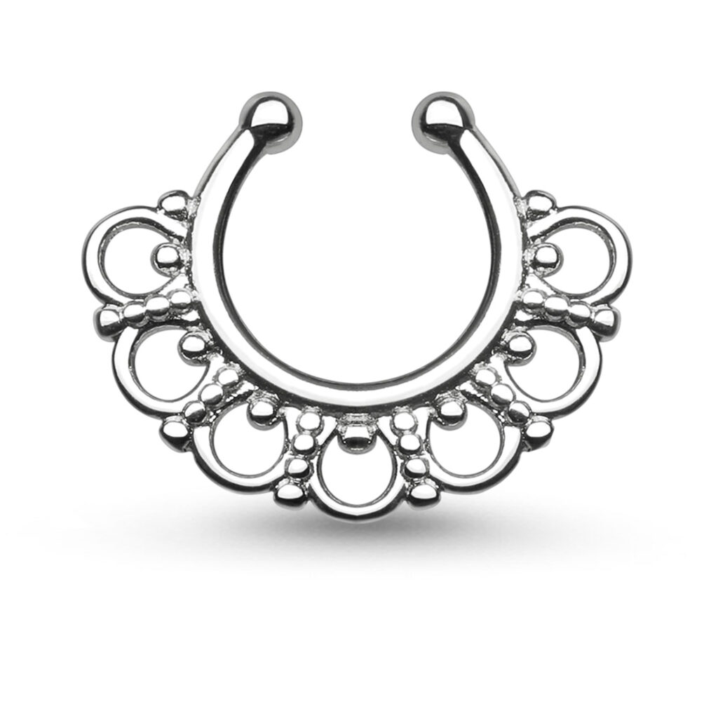 brass with rhodium plating fake nose hoop featuring a beaded circle design