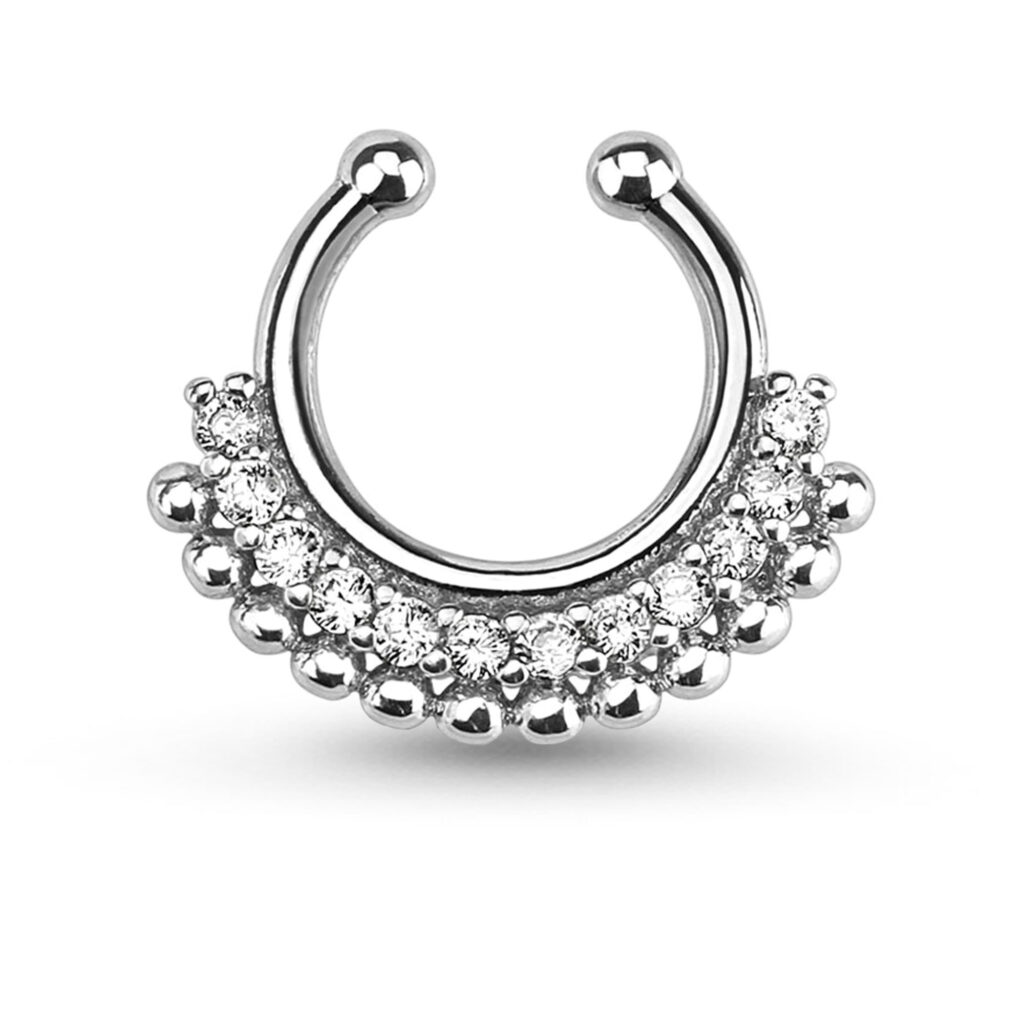 brass with rhodium plating fake nose hoop featuring a tribal fan design, wrapped with clear stones