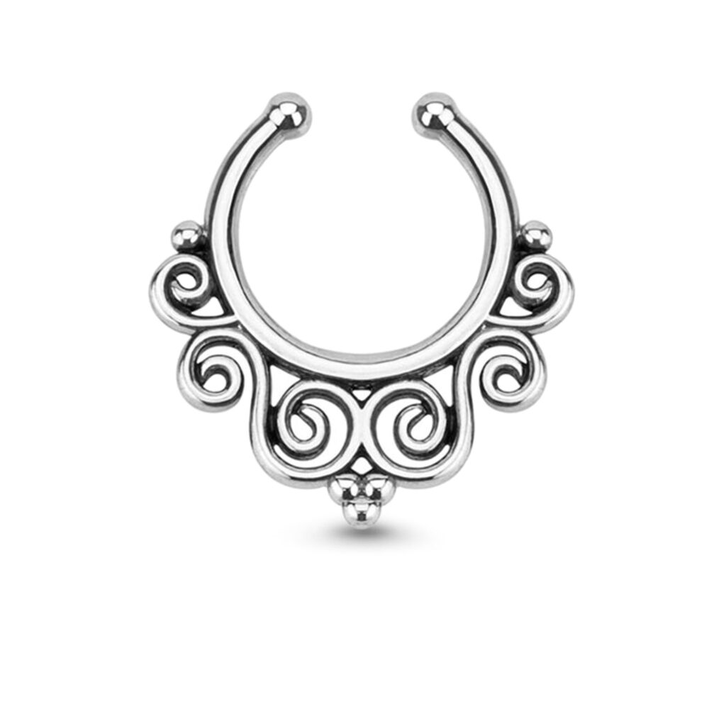 brass with rhodium plated fake nose hoop featuring a tribal swirls design