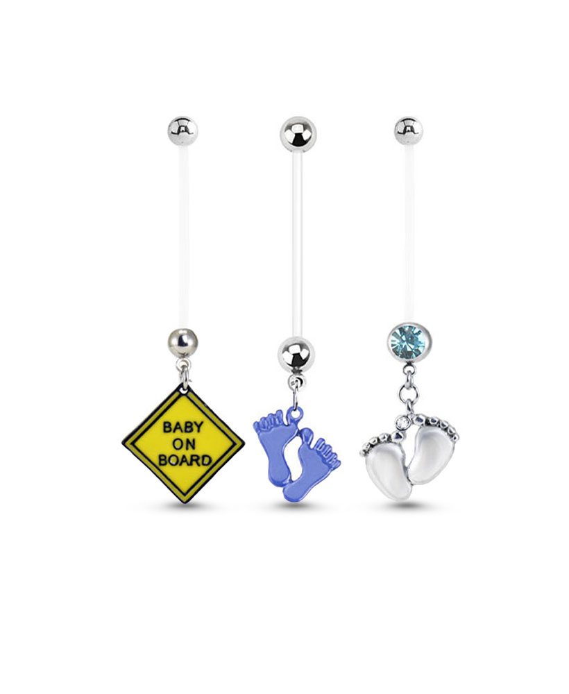 bioflex maternity navel belly ring 3 pack featuring an baby on board, Pink baby feet, and baby feet with a blue stone