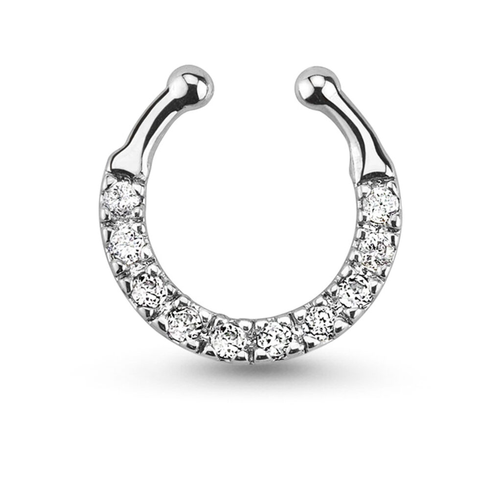 brass with rhodium plating fake nose hoop featuring a 10 clear stones