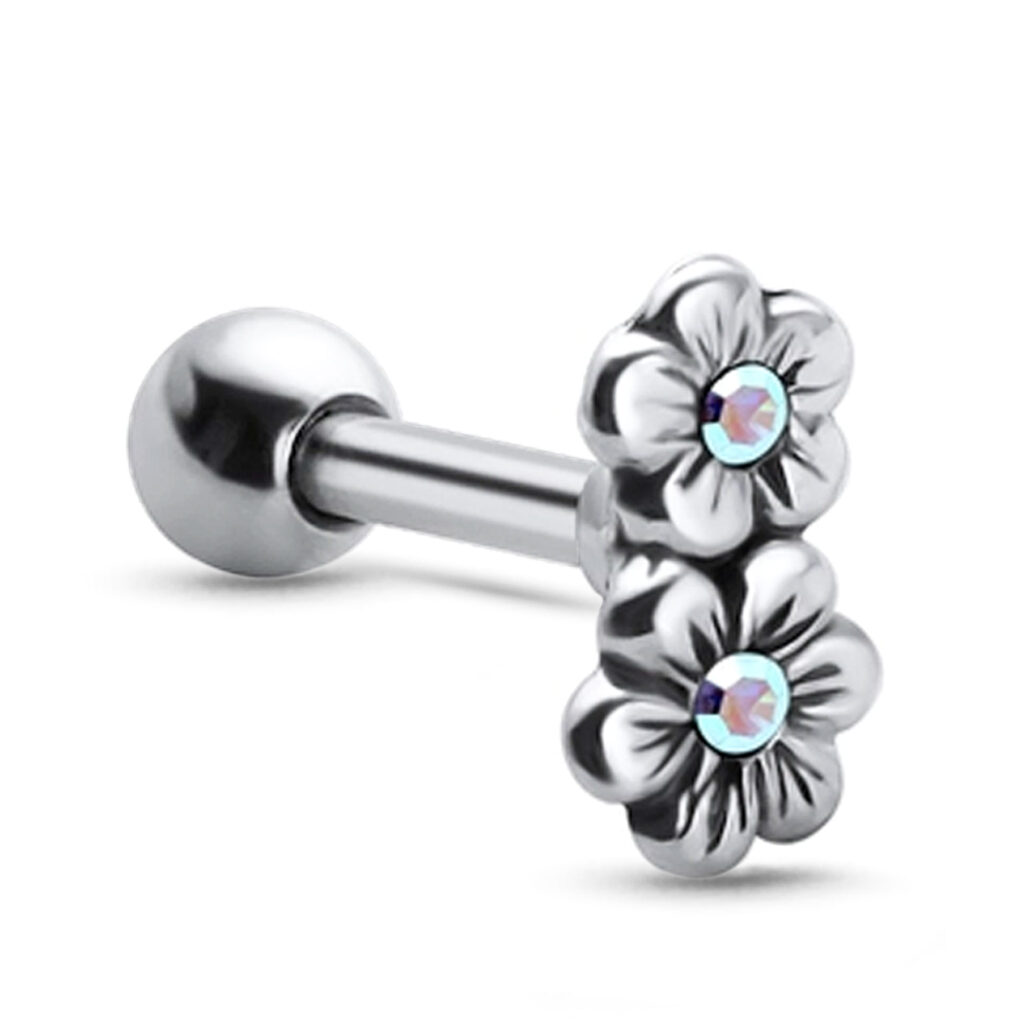 ear cartilage labret featuring a double flower design with aurora center stones