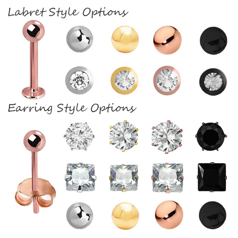 style options for the ear jacket, showing the earring and labret options and colors